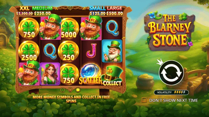 The Blarney Stone - main screen with reels and a green valley